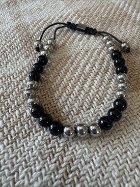 Black and Silver Beaded Adjustable Bracelet